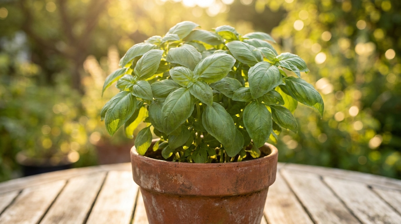 Plant de basilic touffu et ramifié dans un pot en terre cuite