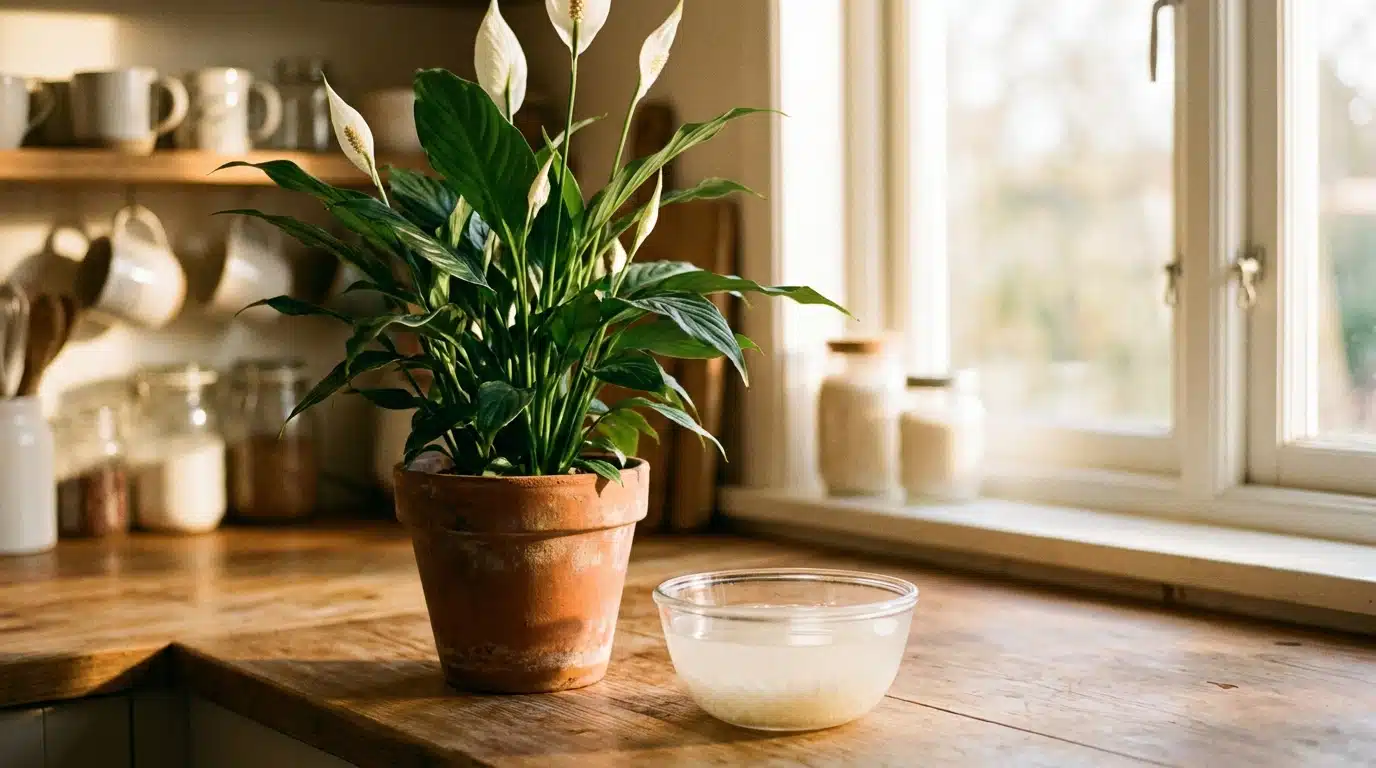 Lys de la paix en fleurs à côté d'un bol d'eau de riz