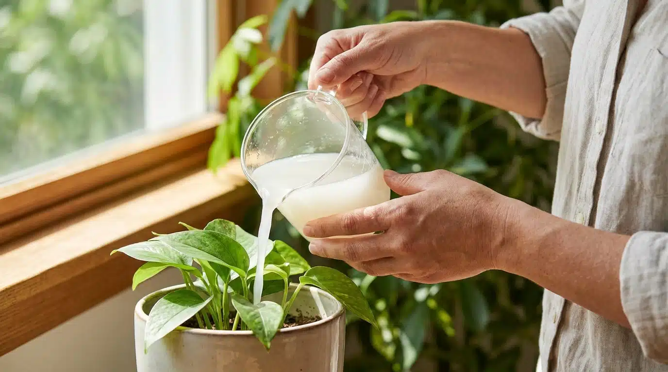 Mains versant de l'eau de riz laiteuse dans un pot de plante