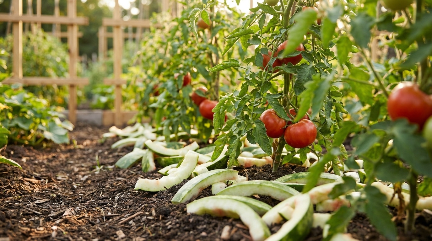 Morceaux d'écorce de pastèque disposés au pied de plants de tomates