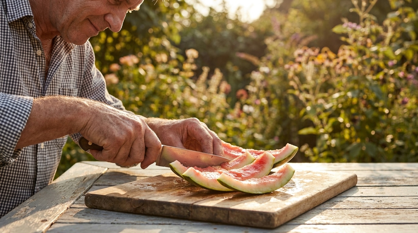 Mains découpant une écorce de pastèque sur une planche en bois