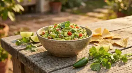 Bol de guacamole rustique avec chips et citron vert