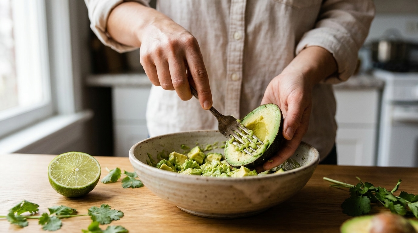 Mains écrasant un avocat à la fourchette dans un saladier