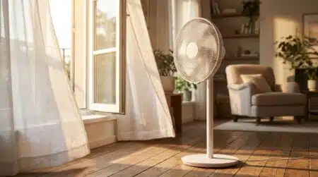 Ventilateur posé face à une fenêtre ouverte le soir
