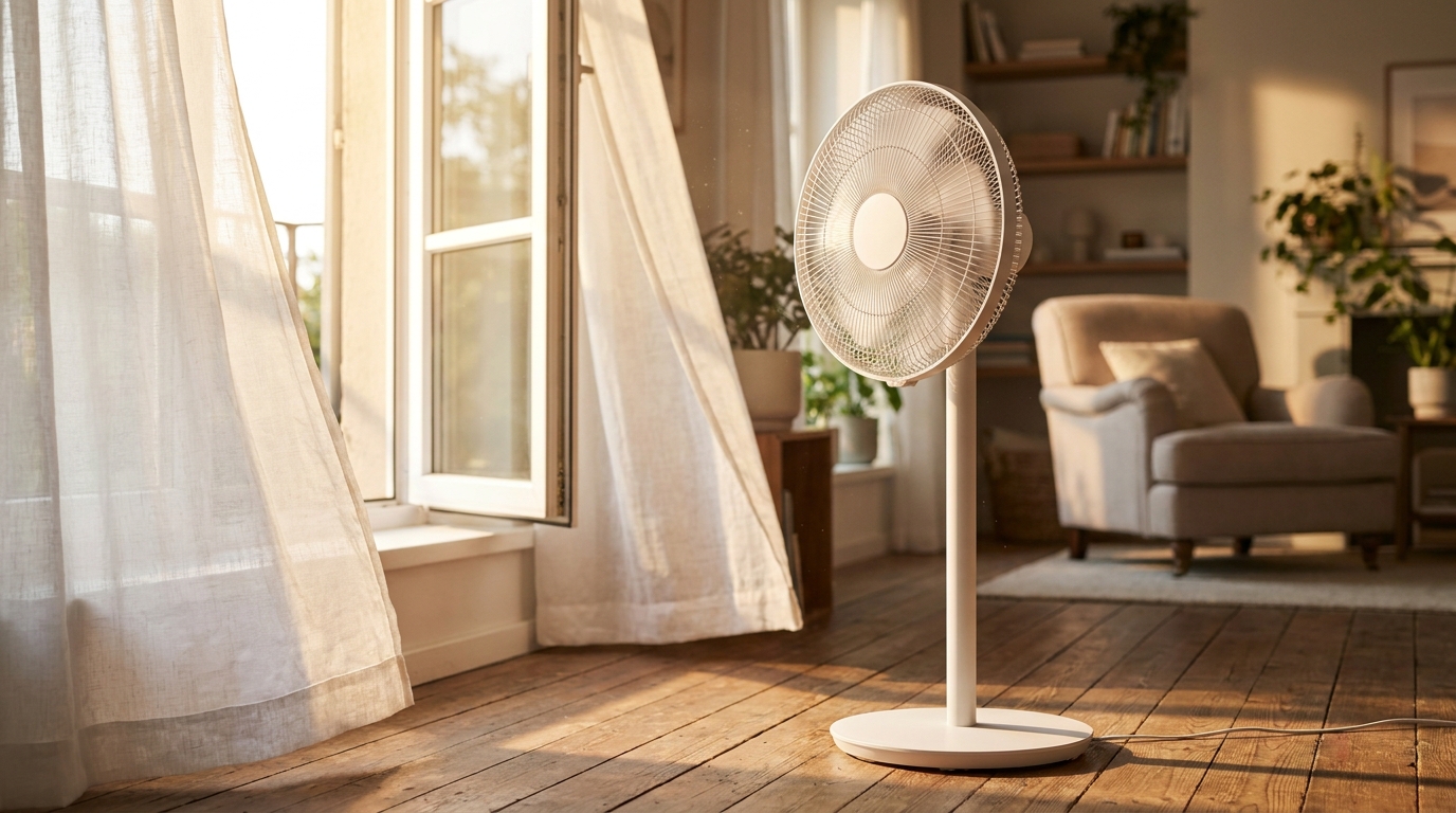Ventilateur posé face à une fenêtre ouverte le soir