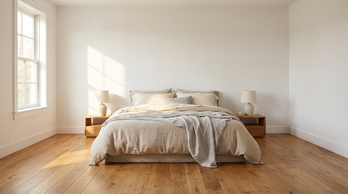 Lit centré au milieu d'une chambre lumineuse avec parquet dégagé