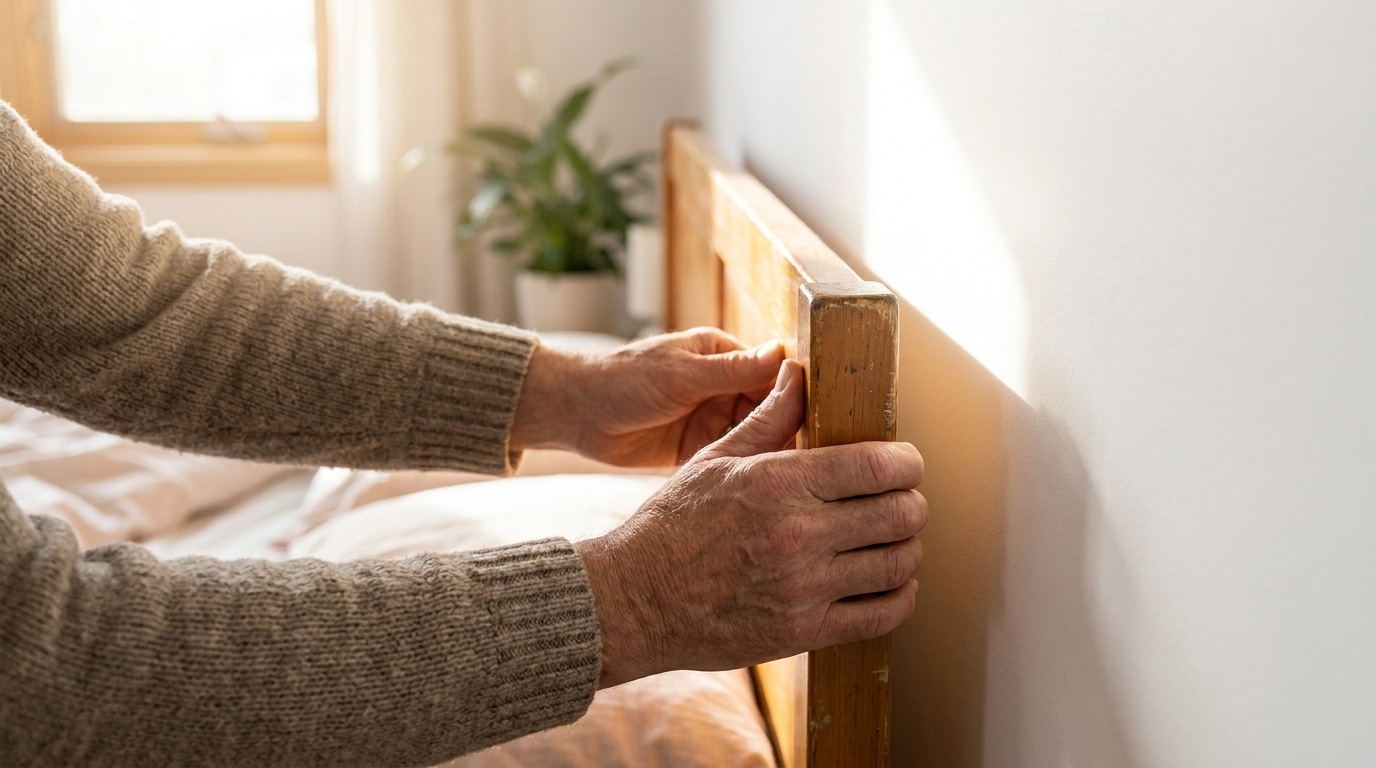 Mains déplaçant un cadre de lit en bois loin du mur