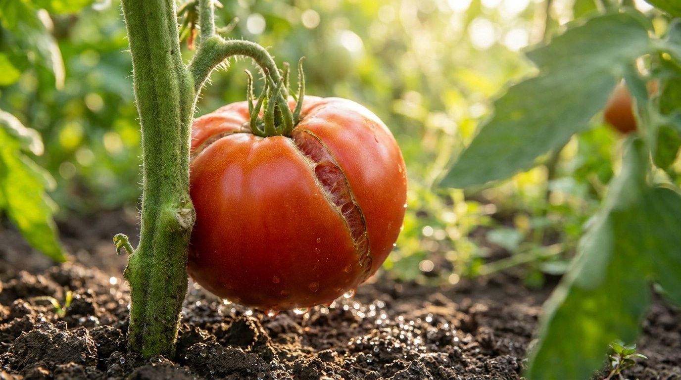 Tomate rouge fendue sur le plant au potager