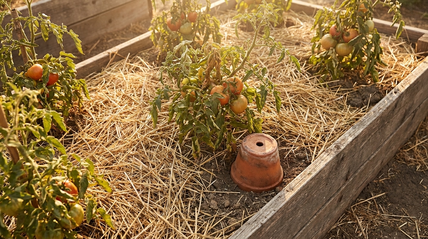 Paillage et olla en terre cuite au pied de tomates