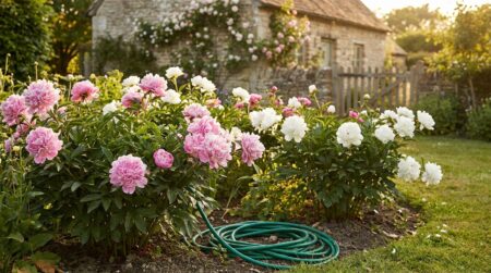 Pivoines roses et blanches en fleurs dans un jardin ensoleillé