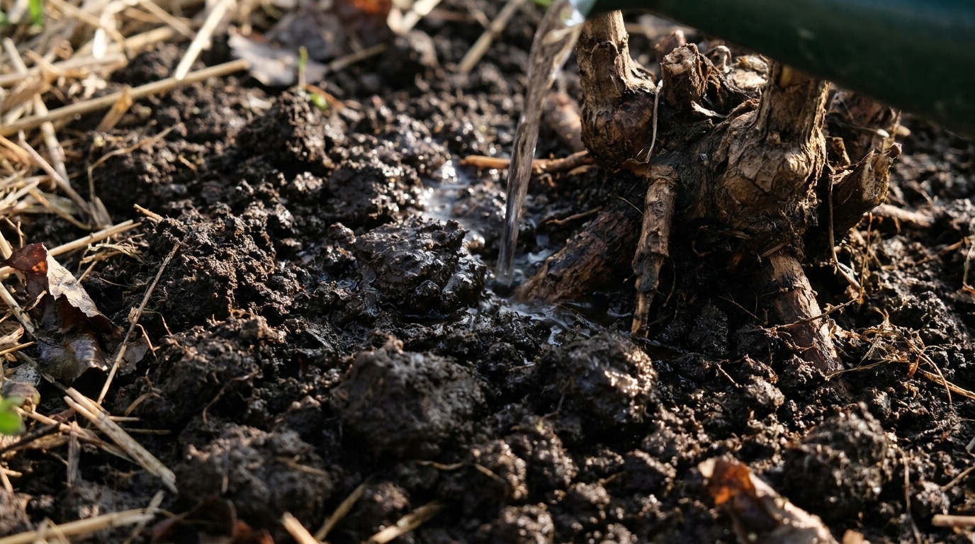 Arrosage profond au pied d'une pivoine dans un sol enrichi de compost