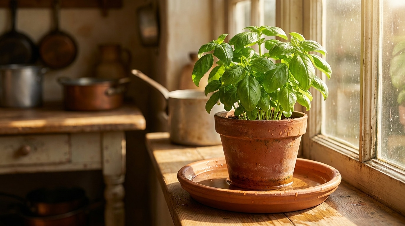 Pot de basilic dans une soucoupe d'eau sur un rebord de fenêtre ensoleillé