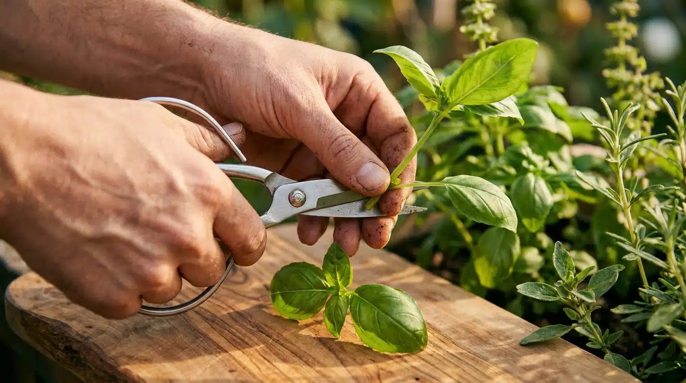 Mains coupant une tige de basilic aux ciseaux de cuisine