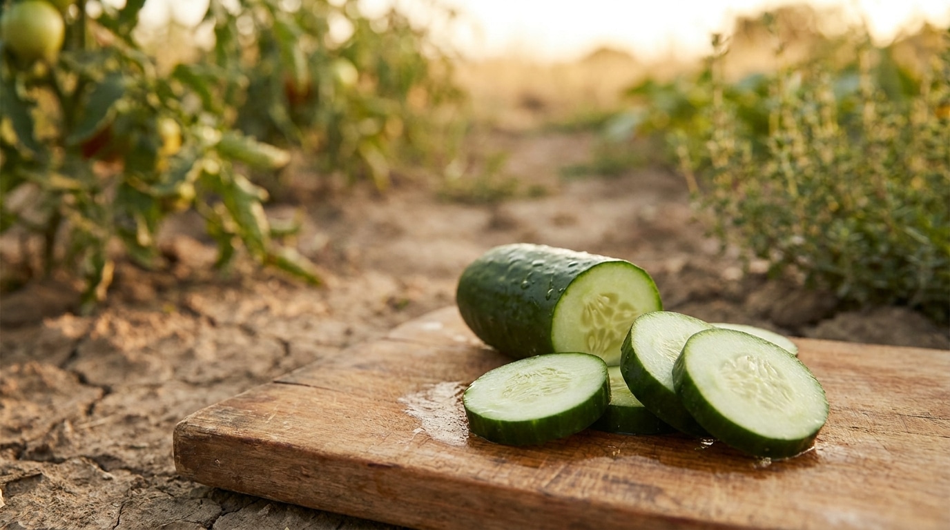 Concombre tranché sur planche en bois dans un potager ensoleillé