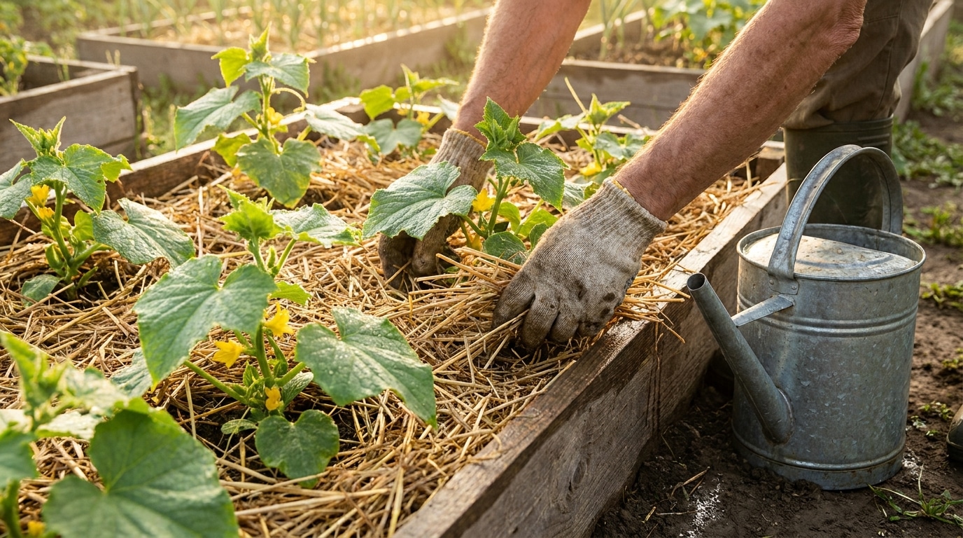 Mains étalant du paillage au pied de plants de concombres