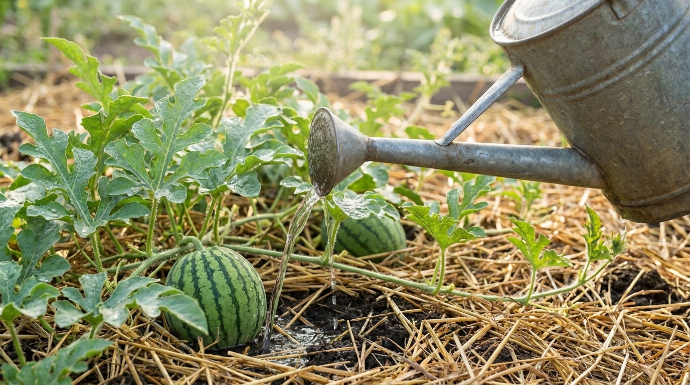 Arrosoir au pied d'un plant de pastèque paillé au jardin