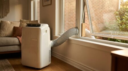 Climatiseur portable avec tuyau d'évacuation vers une fenêtre ouverte