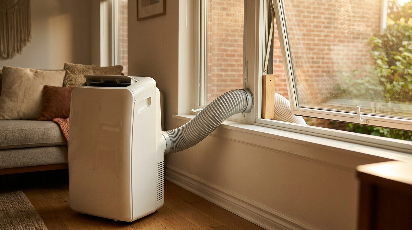 Climatiseur portable avec tuyau d'évacuation vers une fenêtre ouverte