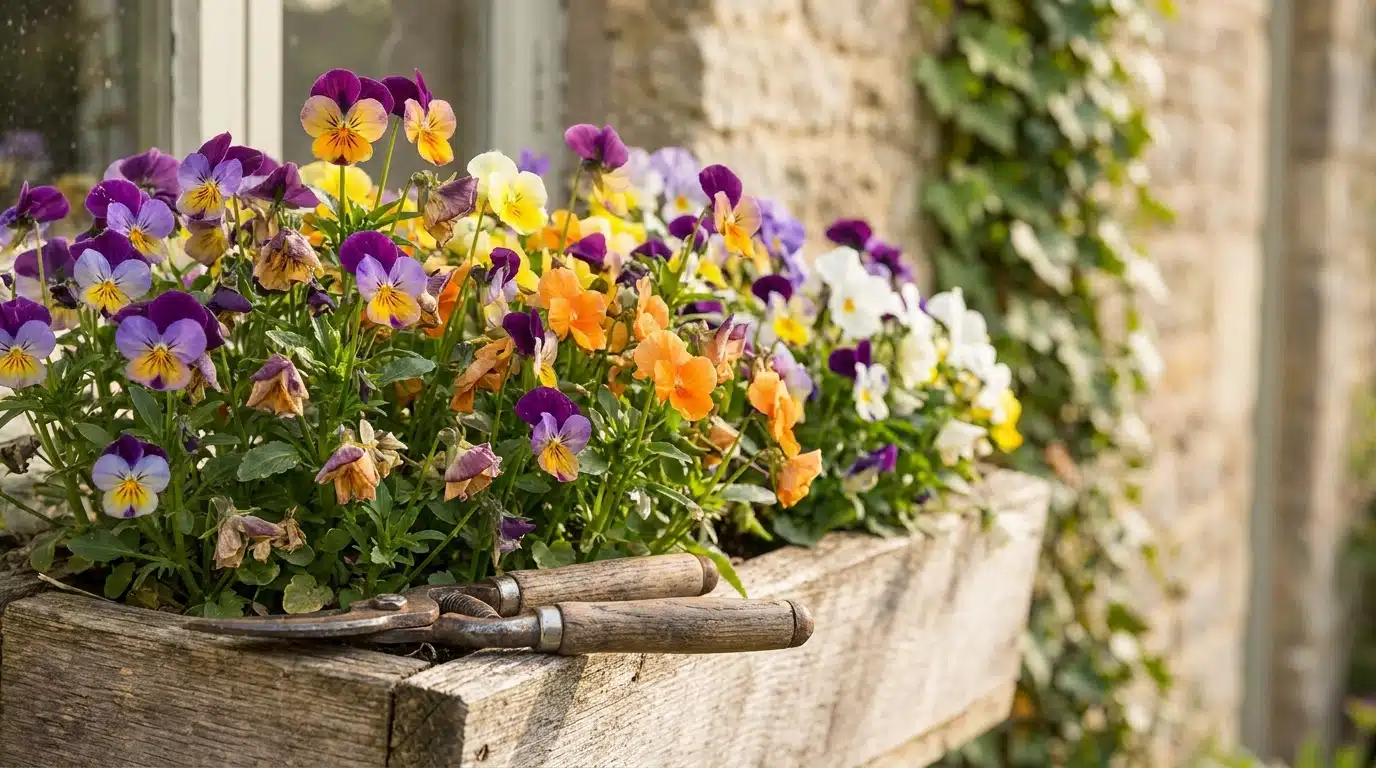 Jardinière de pensées colorées avec un sécateur posé sur le bord