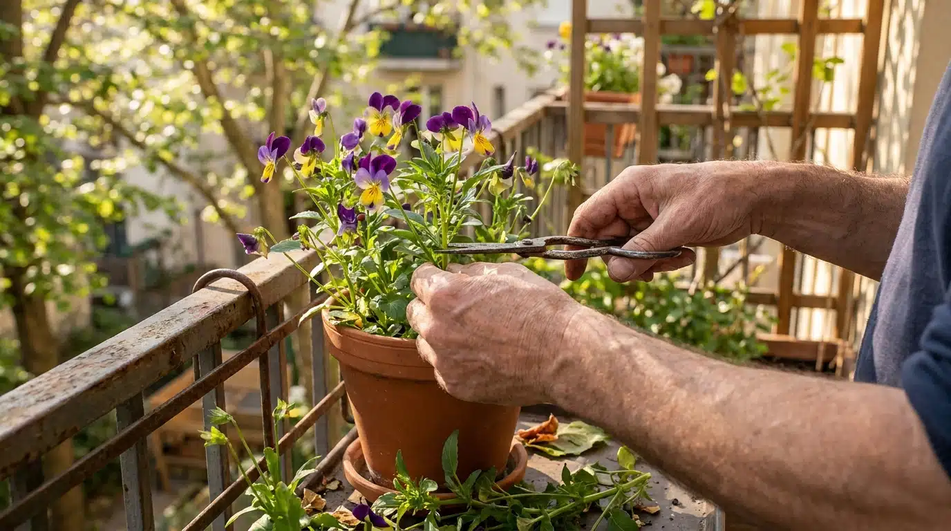Mains taillant des tiges de pensées dans un pot en terre cuite
