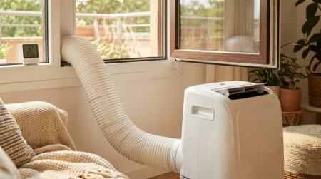 Climatiseur portable avec tuyau d'évacuation vers une fenêtre ouverte