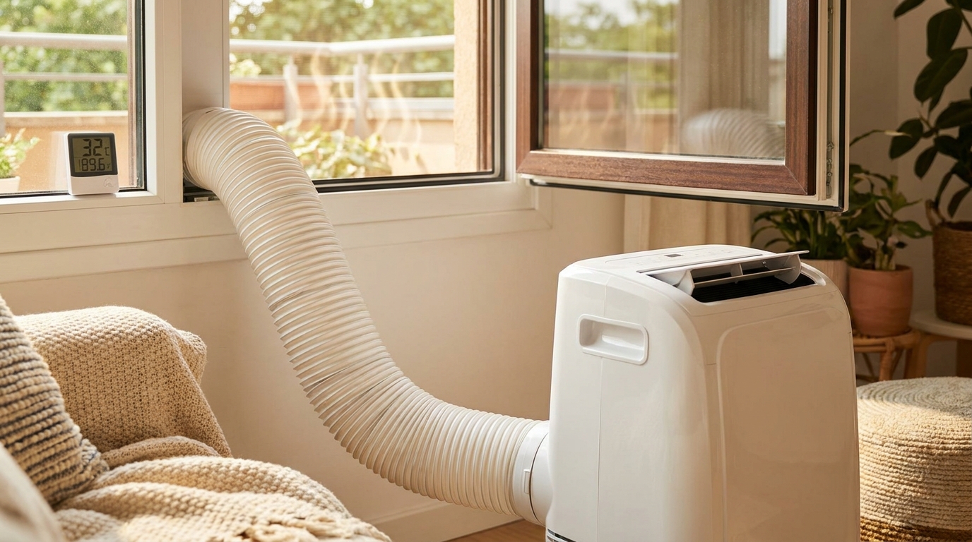 Climatiseur portable avec tuyau d'évacuation vers une fenêtre ouverte