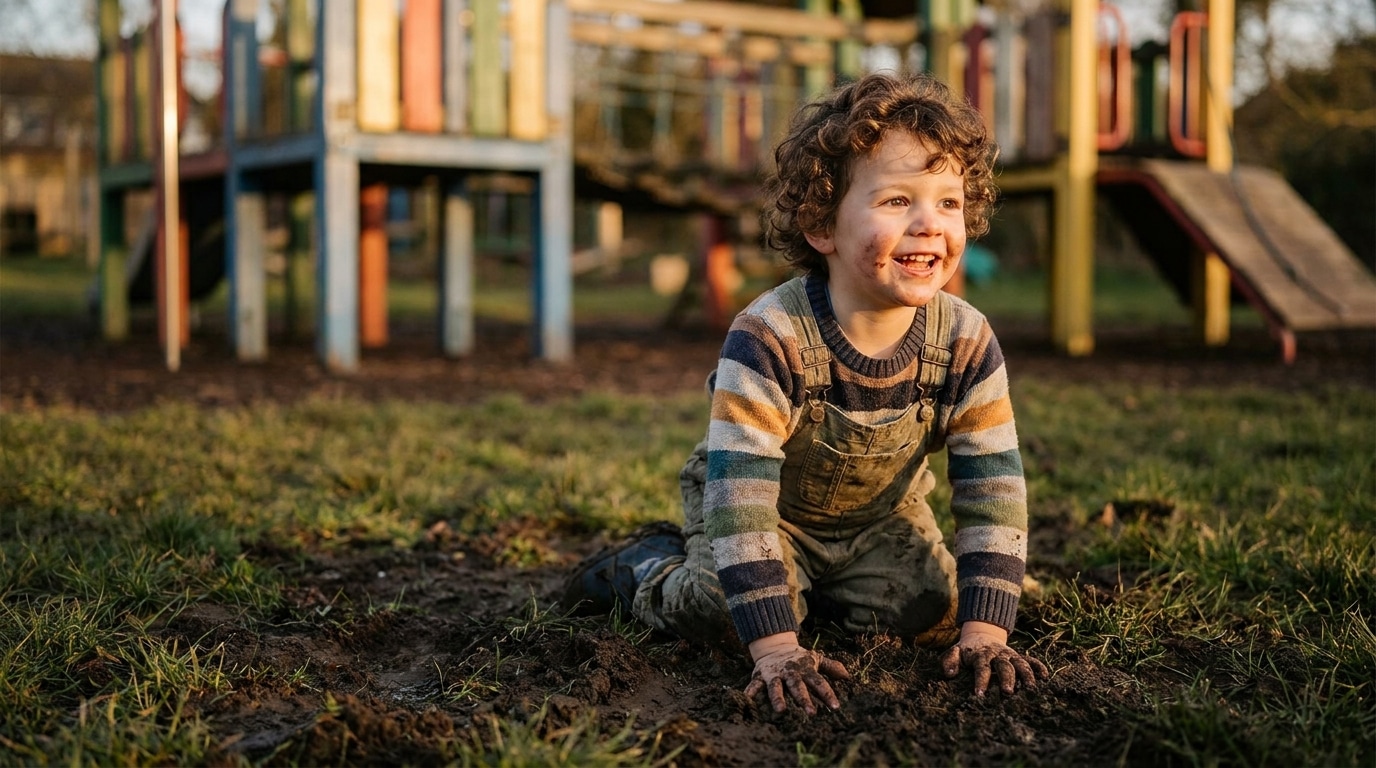 Enfant jouant joyeusement dans la terre d'une aire de jeux