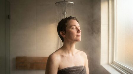 Personne sous une douche tiède avec vapeur douce