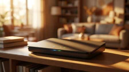 Routeur Wi-Fi moderne posé dans un salon éclairé