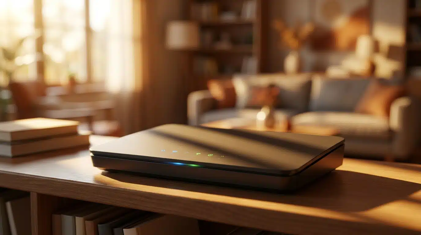 Routeur Wi-Fi moderne posé dans un salon éclairé