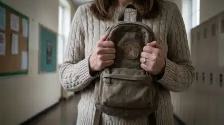Mains de femme serrant un petit sac à dos d'enfant