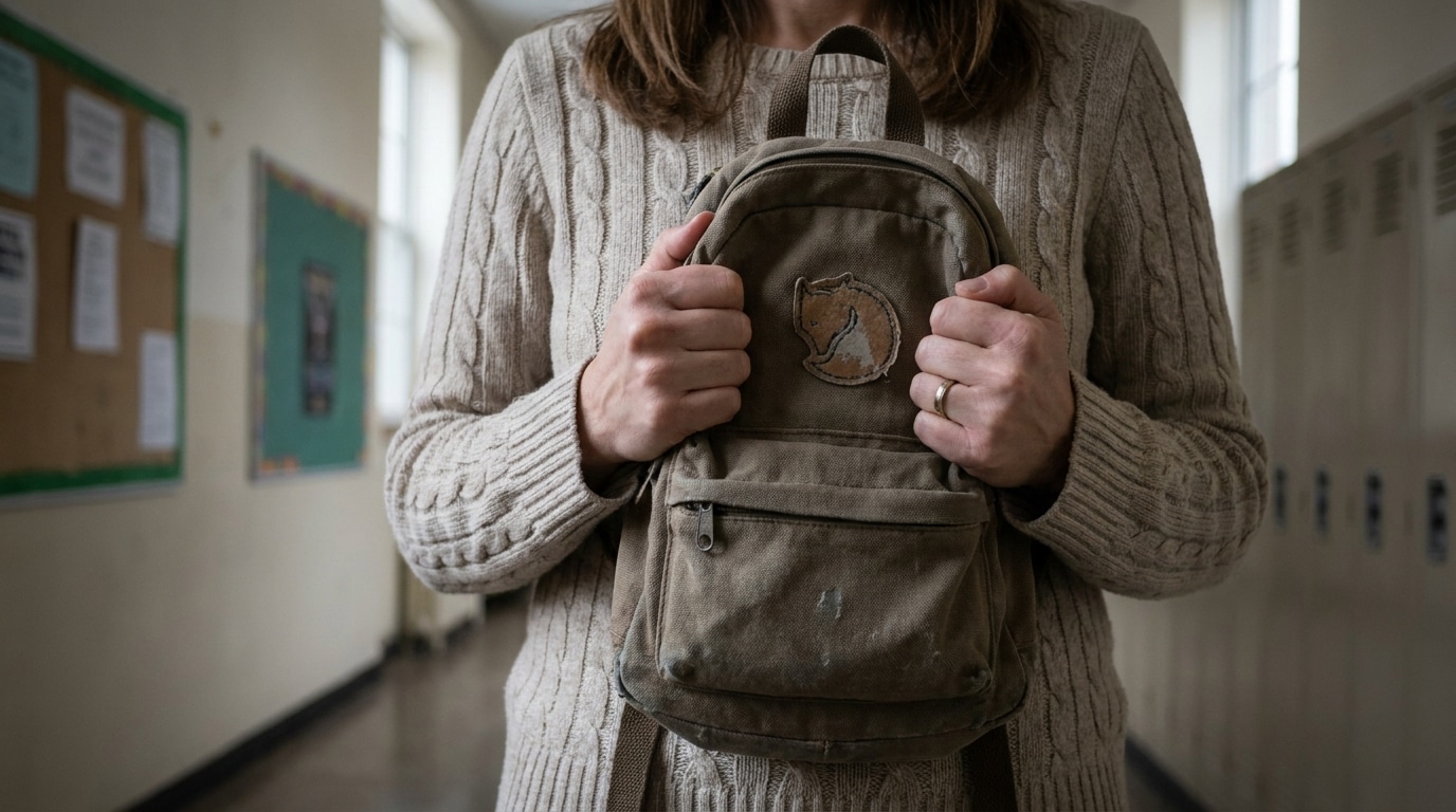 Mains de femme serrant un petit sac à dos d'enfant