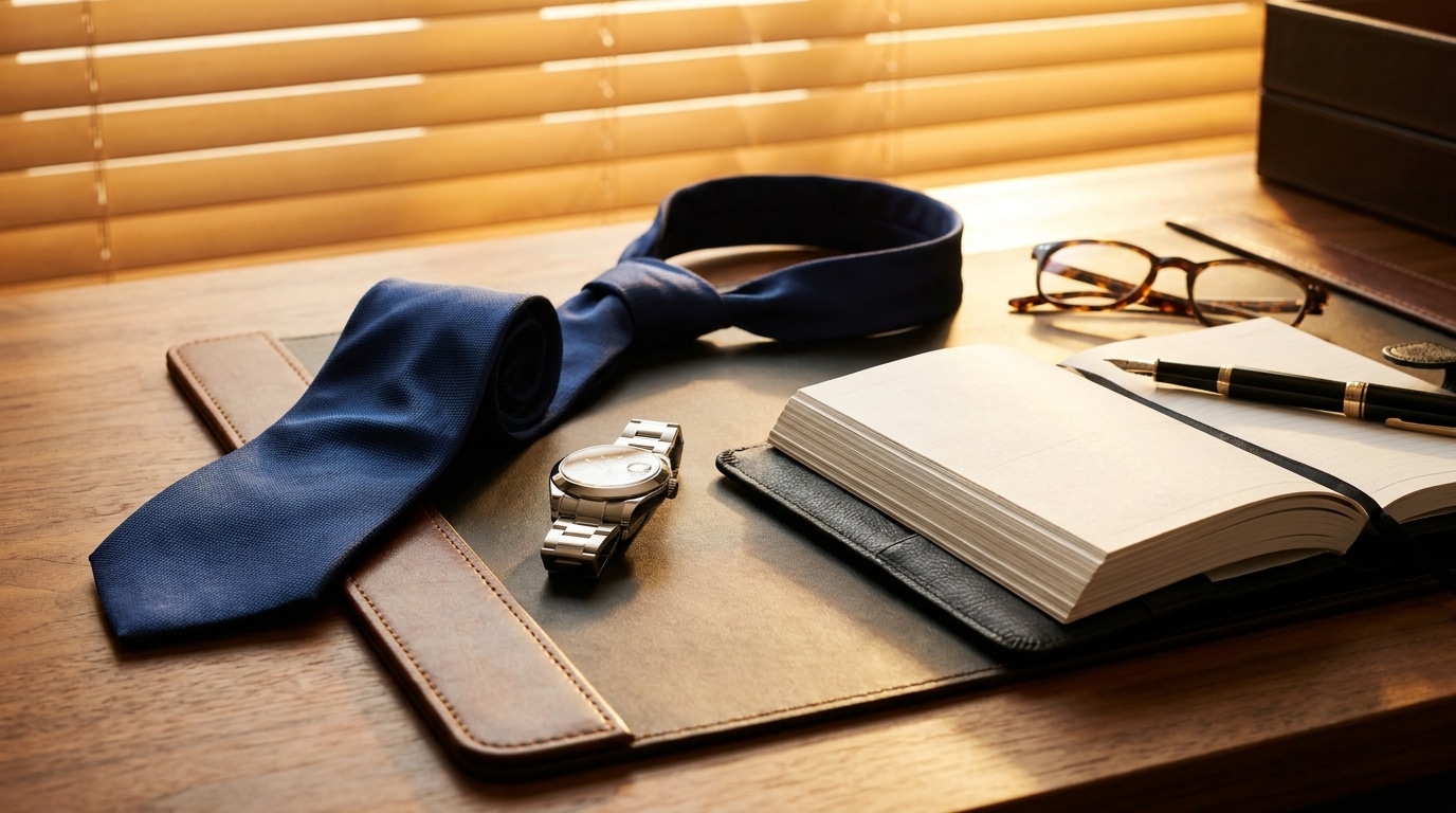 Bureau de dirigeant avec cravate dénouée et montre de luxe