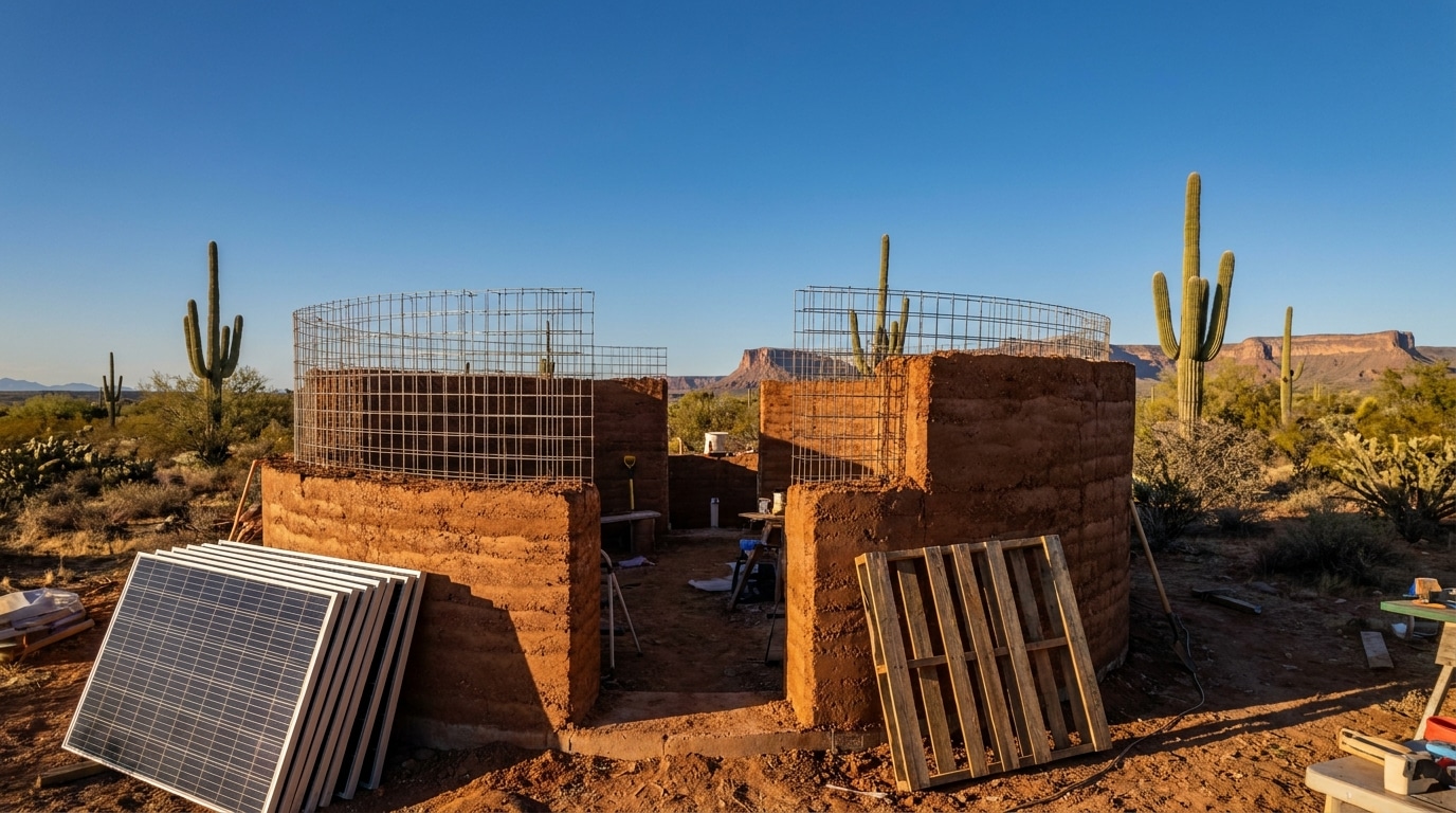 Maison ronde en terre en construction dans le désert de l'Arizona