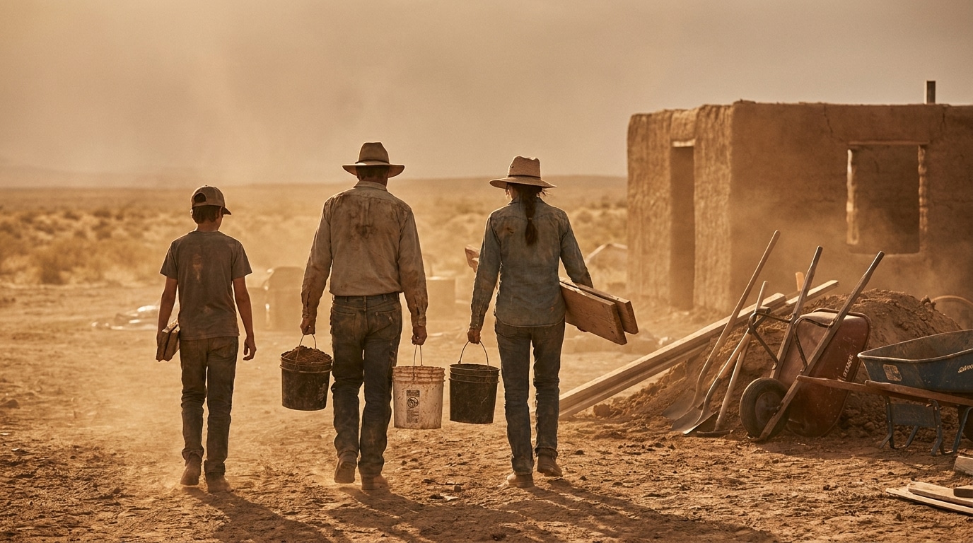 Famille travaillant ensemble sur un chantier en plein désert