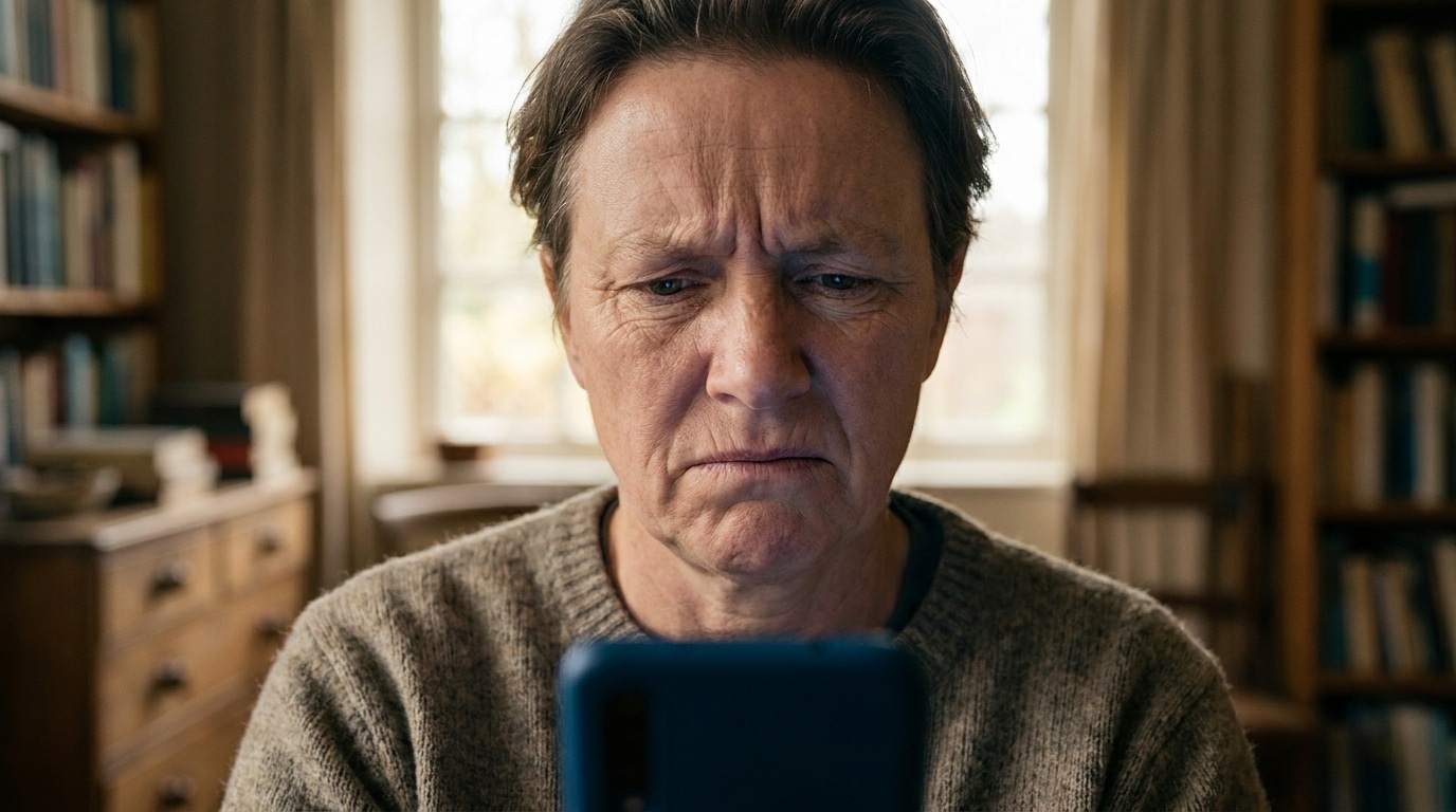 Visage inquiet d'une personne consultant son téléphone