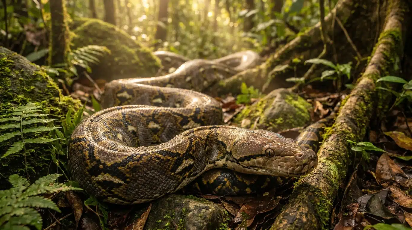 Python réticulé géant lové sur le sol d'une forêt tropicale