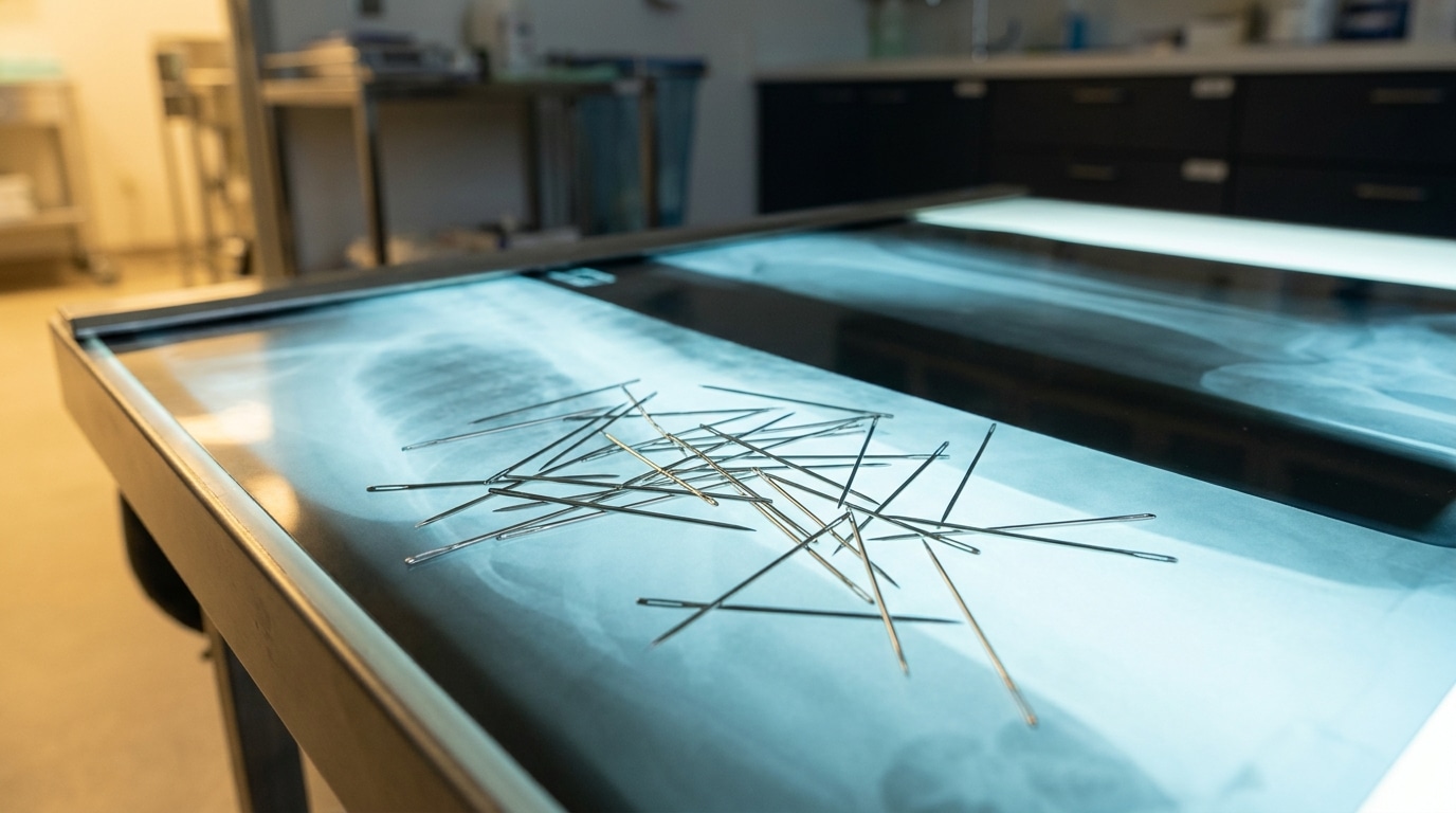 Aiguilles étalées sur un négatoscope médical