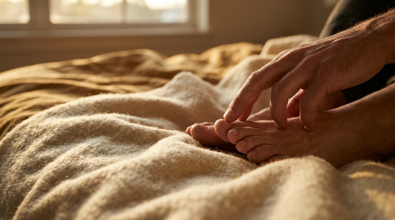 Gros plan sur des pieds nus posés sur une couverture