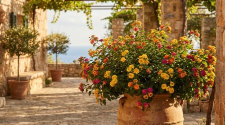 Lantana en pot sur une terrasse ensoleillée aux fleurs multicolores