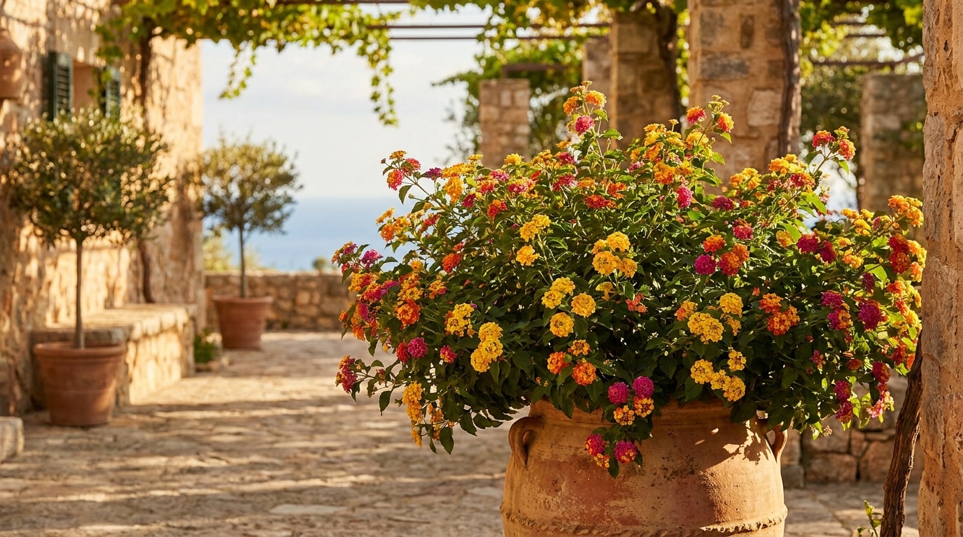 Lantana en pot sur une terrasse ensoleillée aux fleurs multicolores
