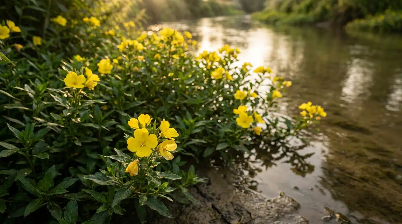 Fleurs jaunes de ludwigie au bord d'une rivière