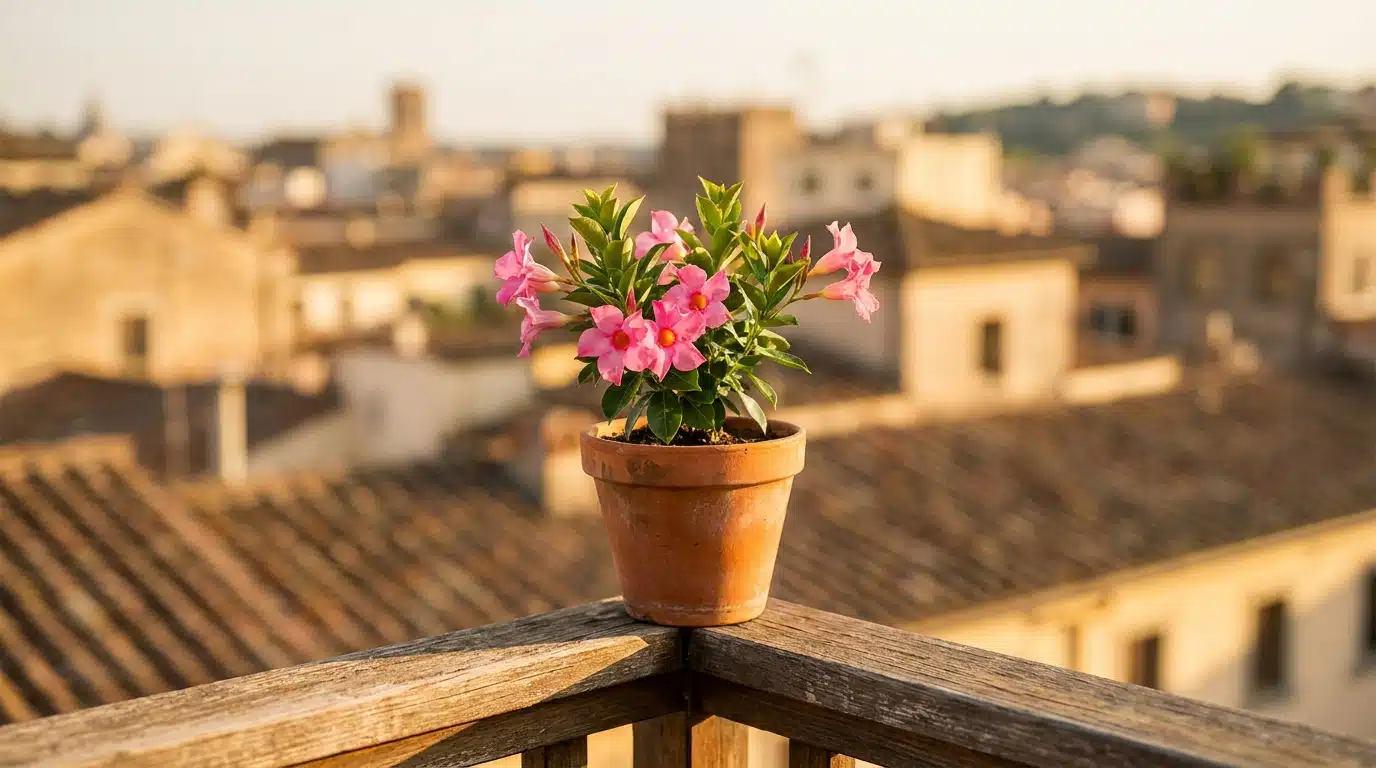 Dipladénia rose en pot sur la rambarde ensoleillée d'un balcon