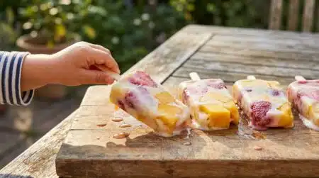 Bâtonnets glacés maison aux fruits sur planche en bois