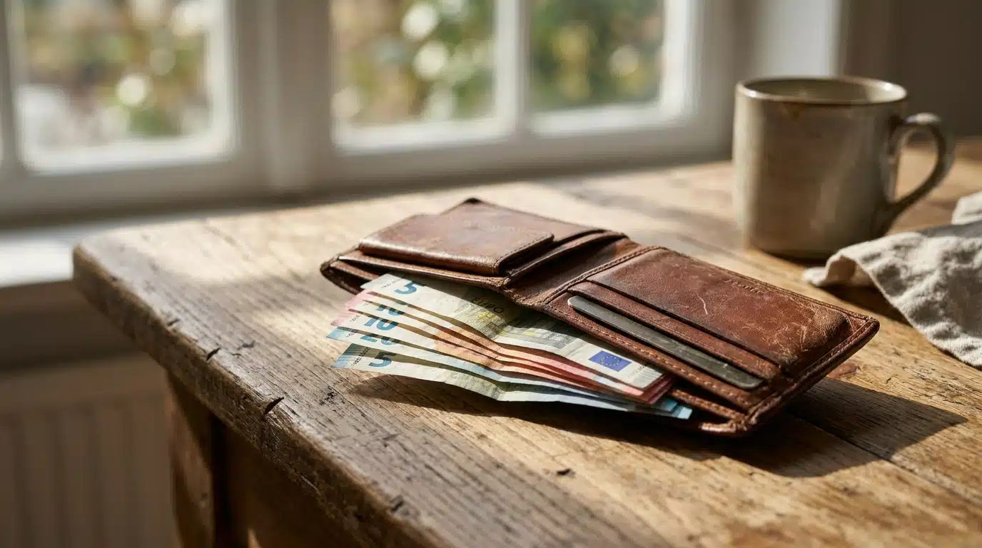Portefeuille en cuir avec billets en euros pliés sur table en bois