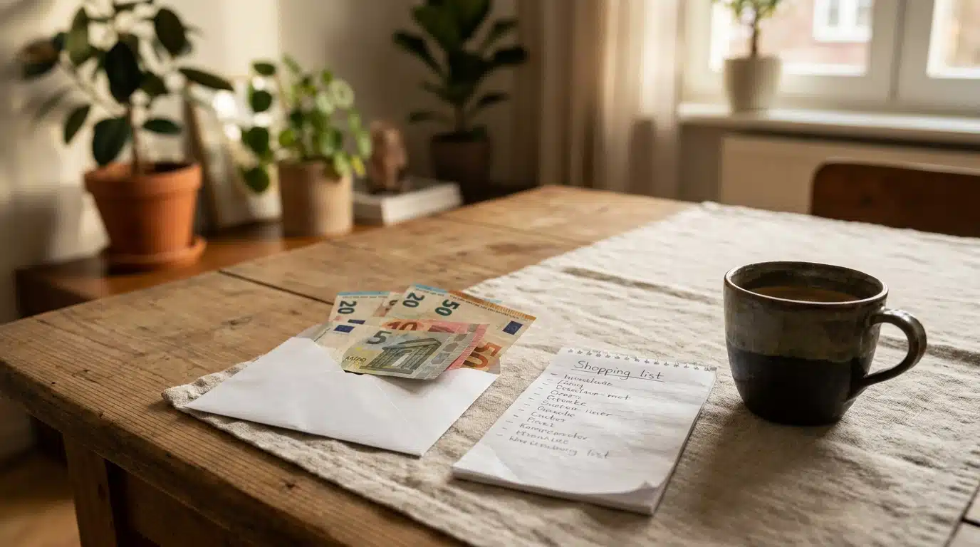 Enveloppe de billets euros posée près d'une liste de courses