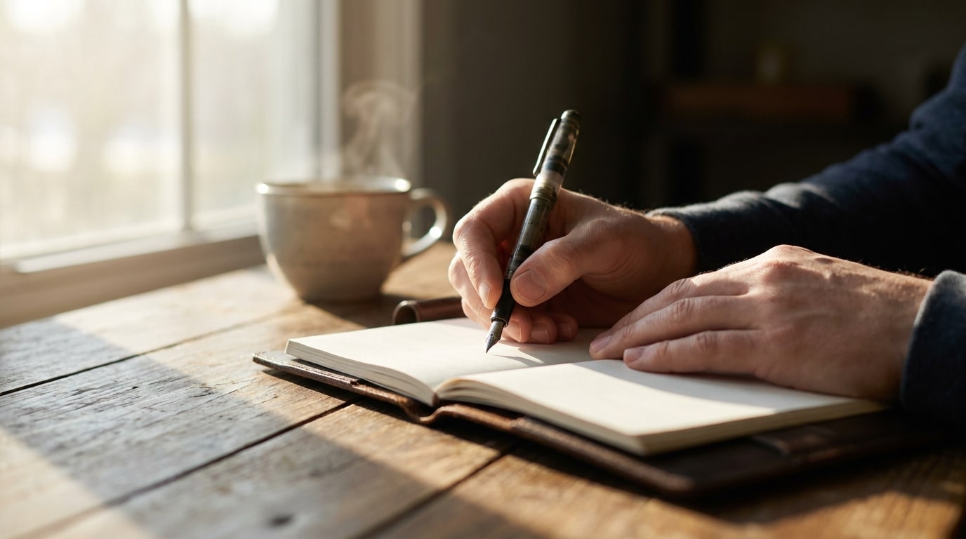 Mains écrivant au stylo dans un carnet sur un bureau en bois