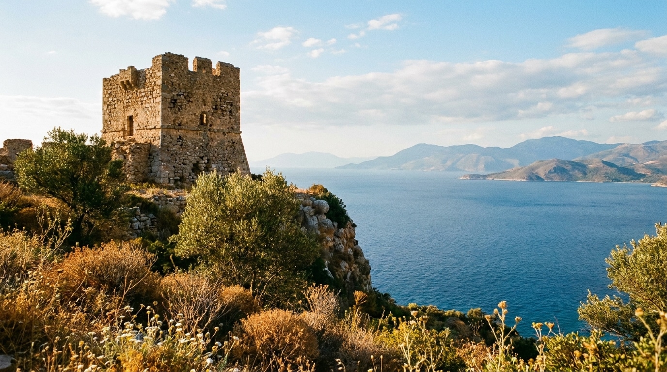 Château en pierre surplombant la baie de Cabrera