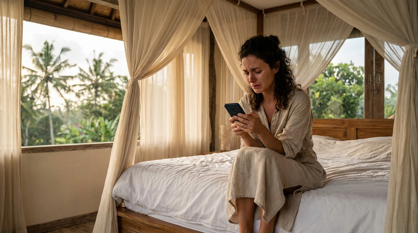 Jeune femme seule tenant un smartphone dans une villa tropicale