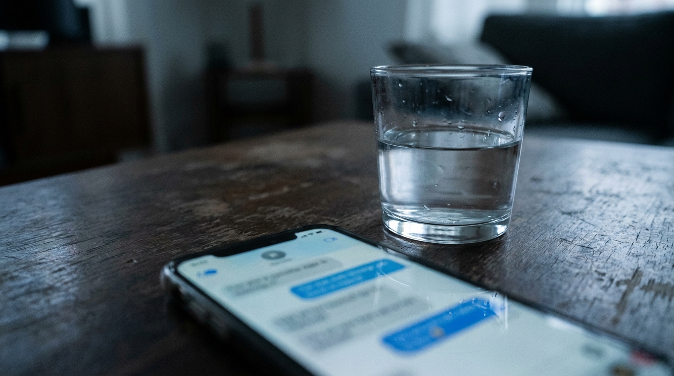 Smartphone posé sur une table avec interface de conversation floue